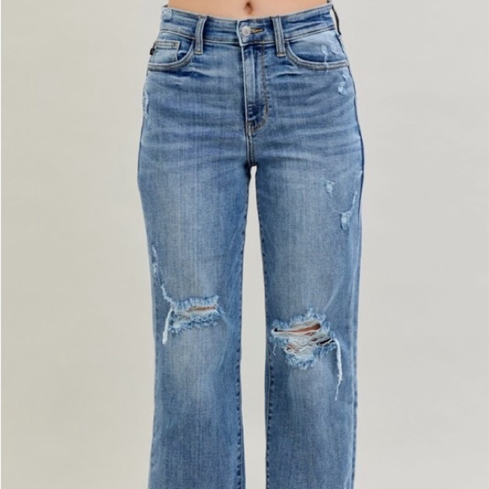 Judy Blue Full Size High Waist Destroy Crop Wide Leg Jeans Plus Size - Picture 3 of 16